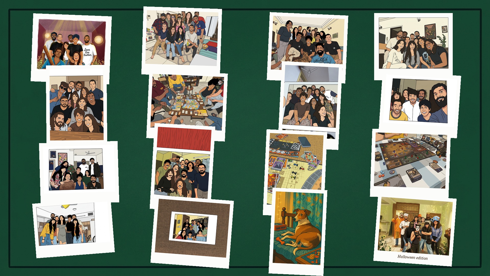 A collage of illustrated DubbleG game-night photographs arranged on a dark green wall